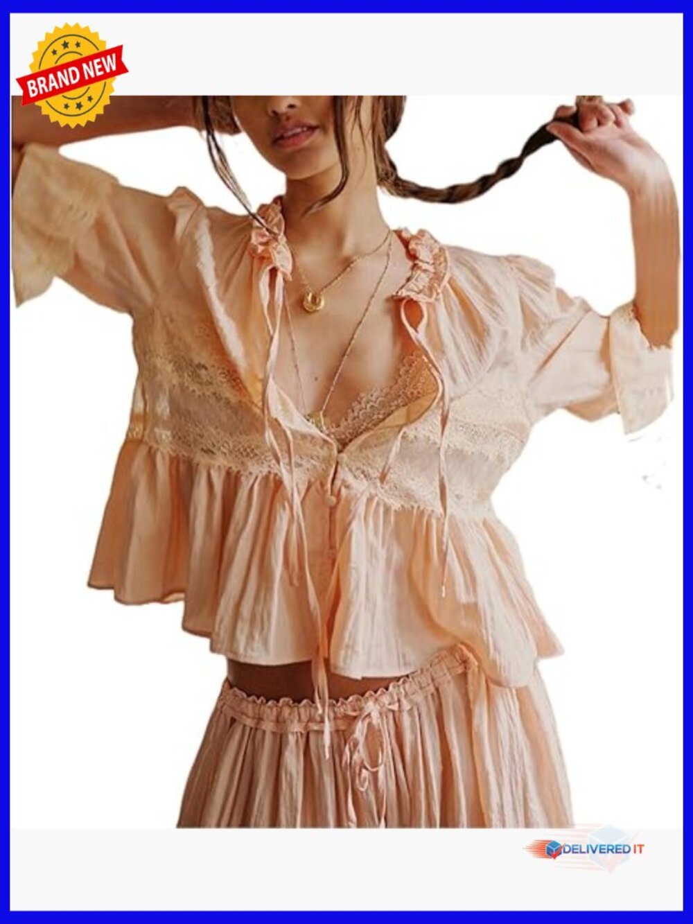 Boho Sheer Ruffle Lace Crop Blouse Tie Front Peplum Top
